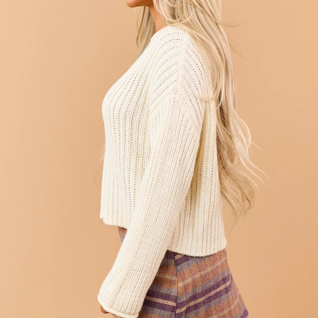 Cream Thick Rib Knit Rolled Trim Drop Shoulder Boxy Sweater