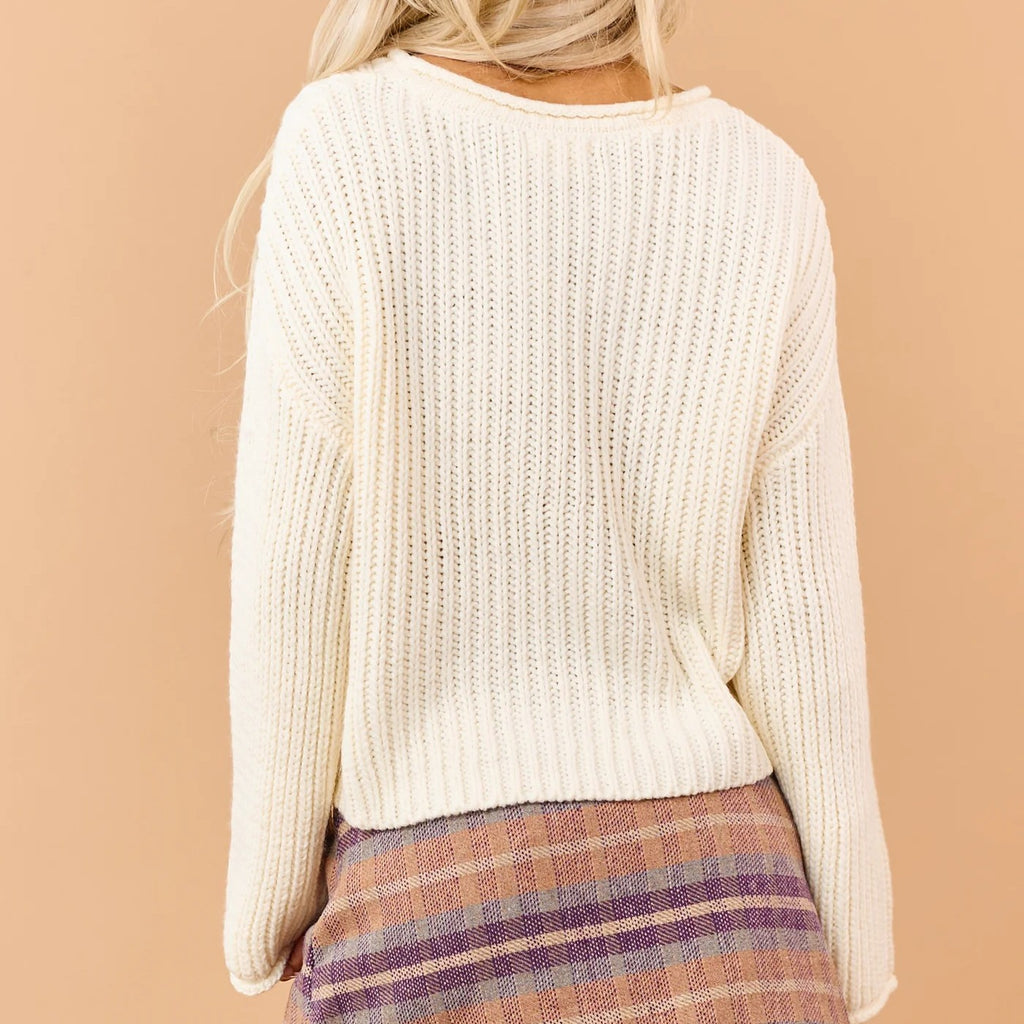 Cream Thick Rib Knit Rolled Trim Drop Shoulder Boxy Sweater