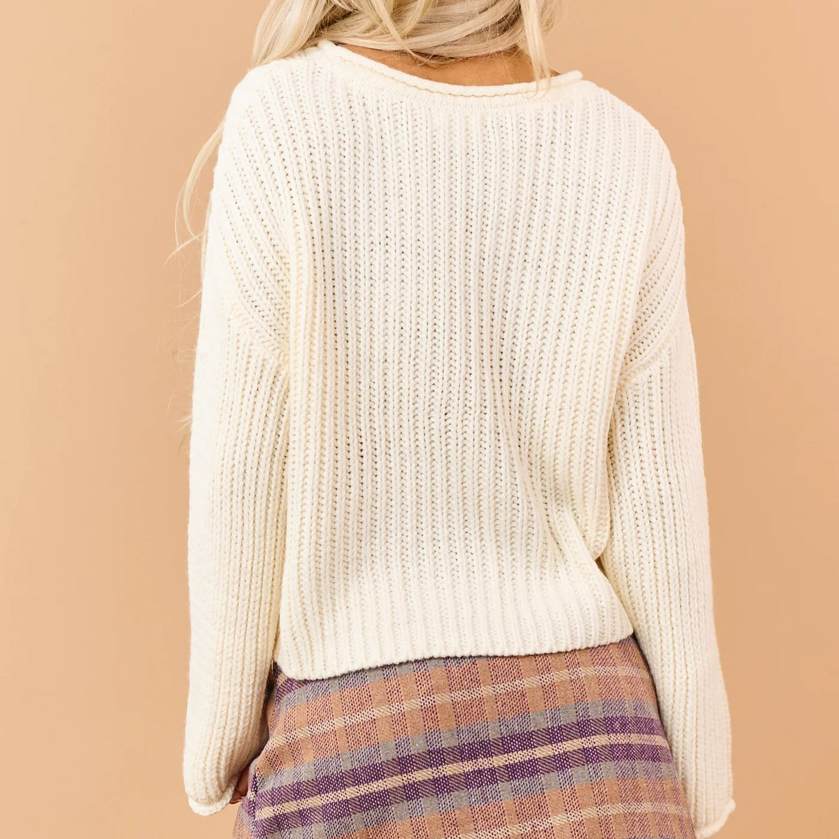 Cream Thick Rib Knit Rolled Trim Drop Shoulder Boxy Sweater