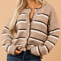 Camel Wool Blend Striped Drop Shoulder Button Sweater Cardigan