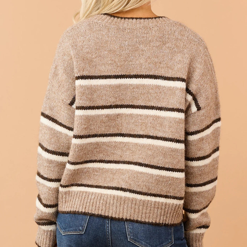 Camel Wool Blend Striped Drop Shoulder Button Sweater Cardigan