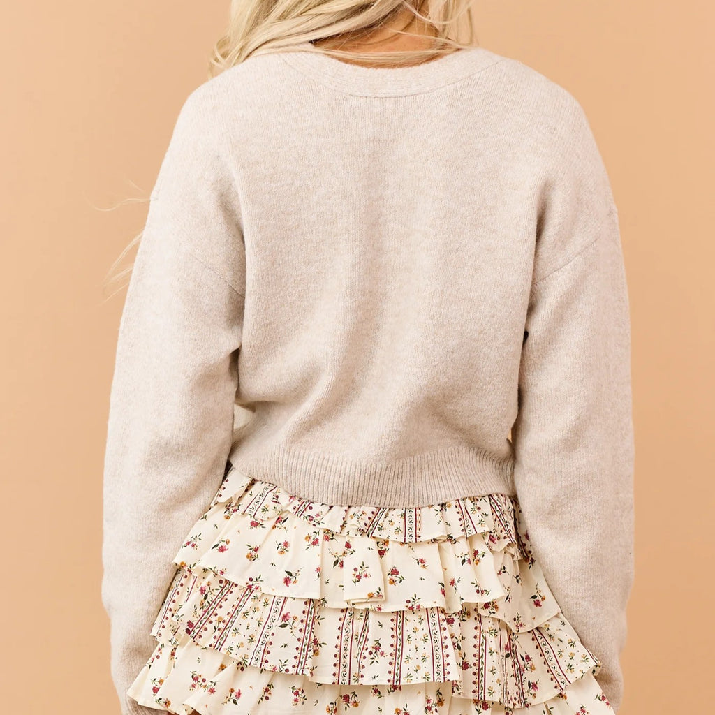 Almond Rib Knit V-Neck Bow Tie Two-Way Wear Cropped Sweater