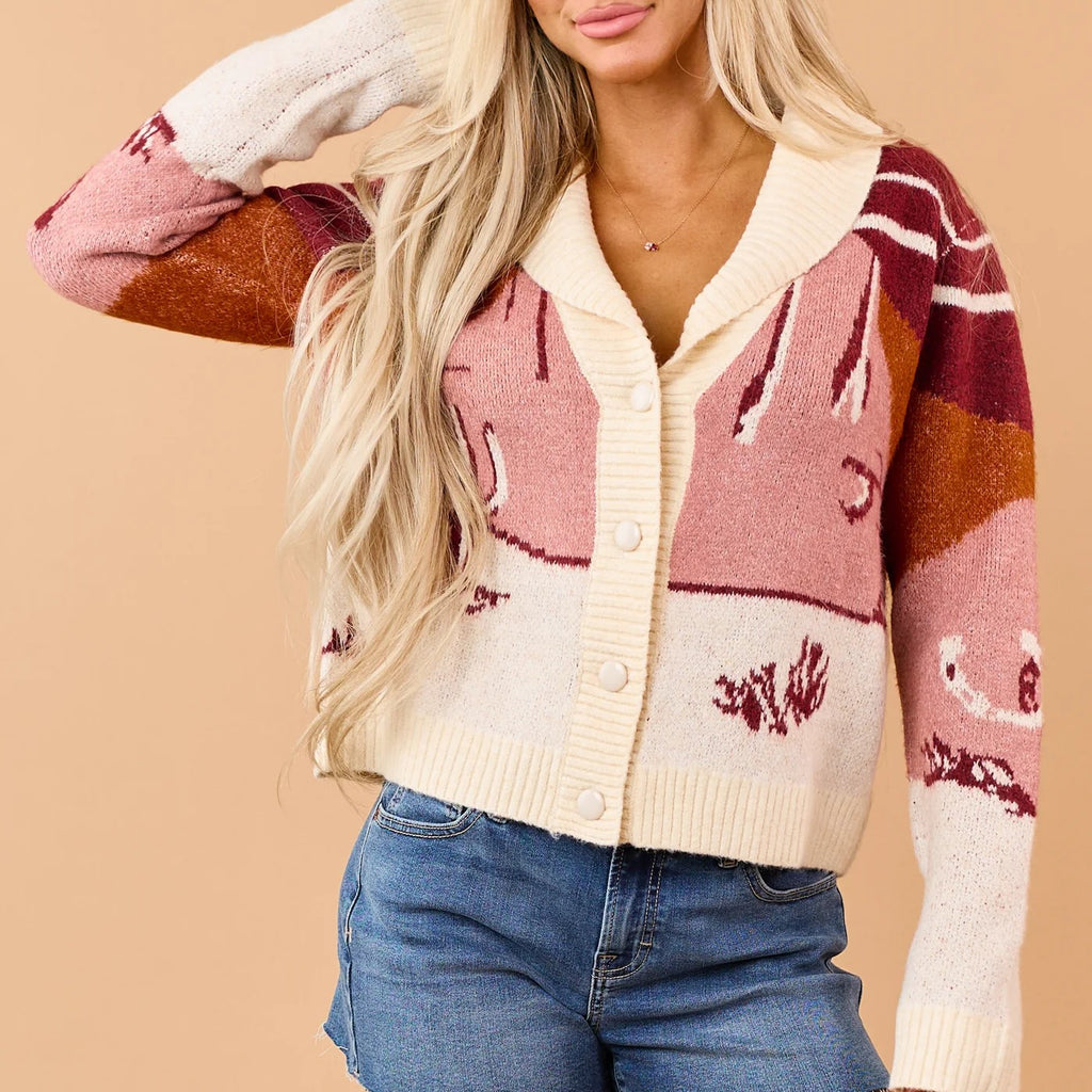 Burgundy Western Scenic Print Lapel Button Down Knit Cardigan