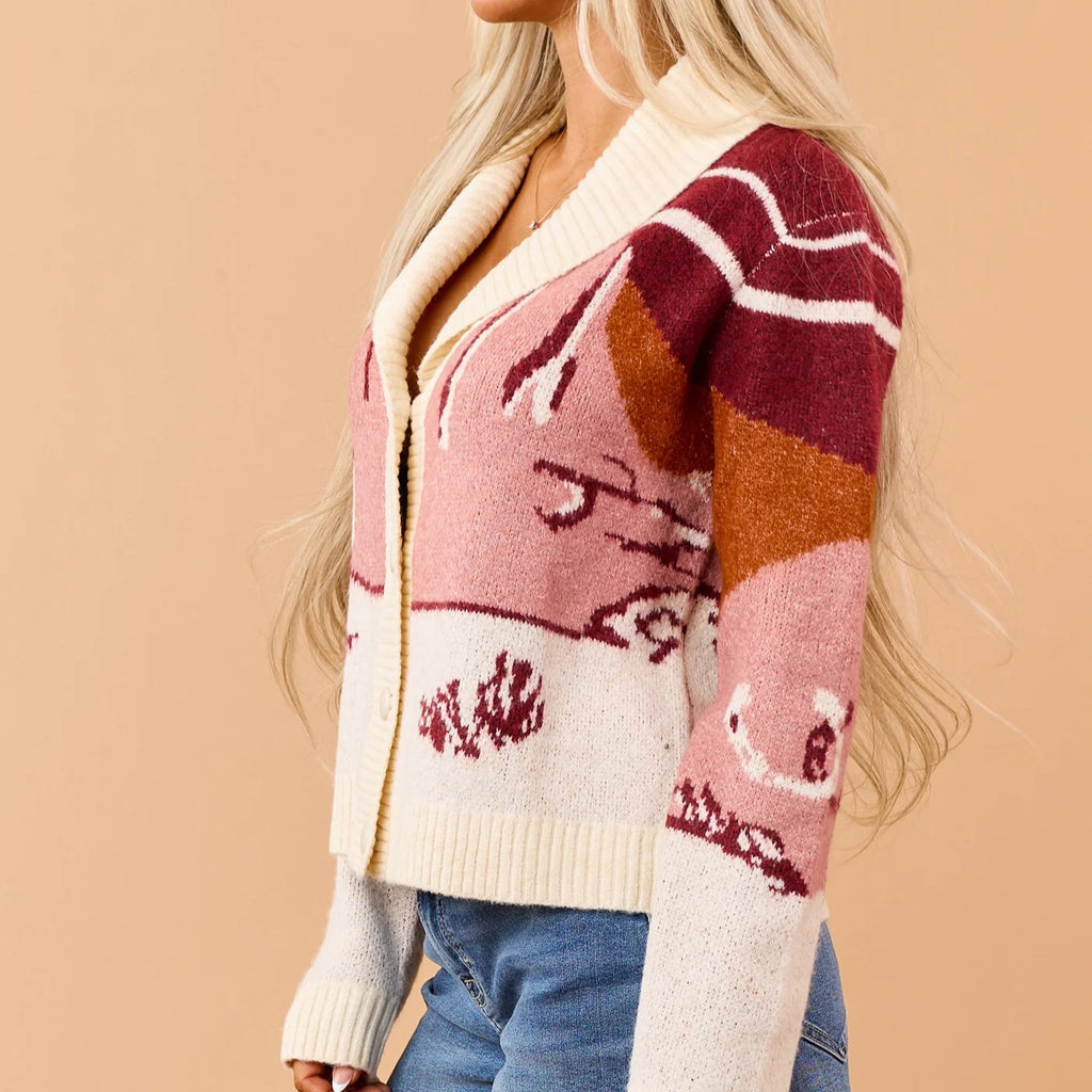 Burgundy Western Scenic Print Lapel Button Down Knit Cardigan