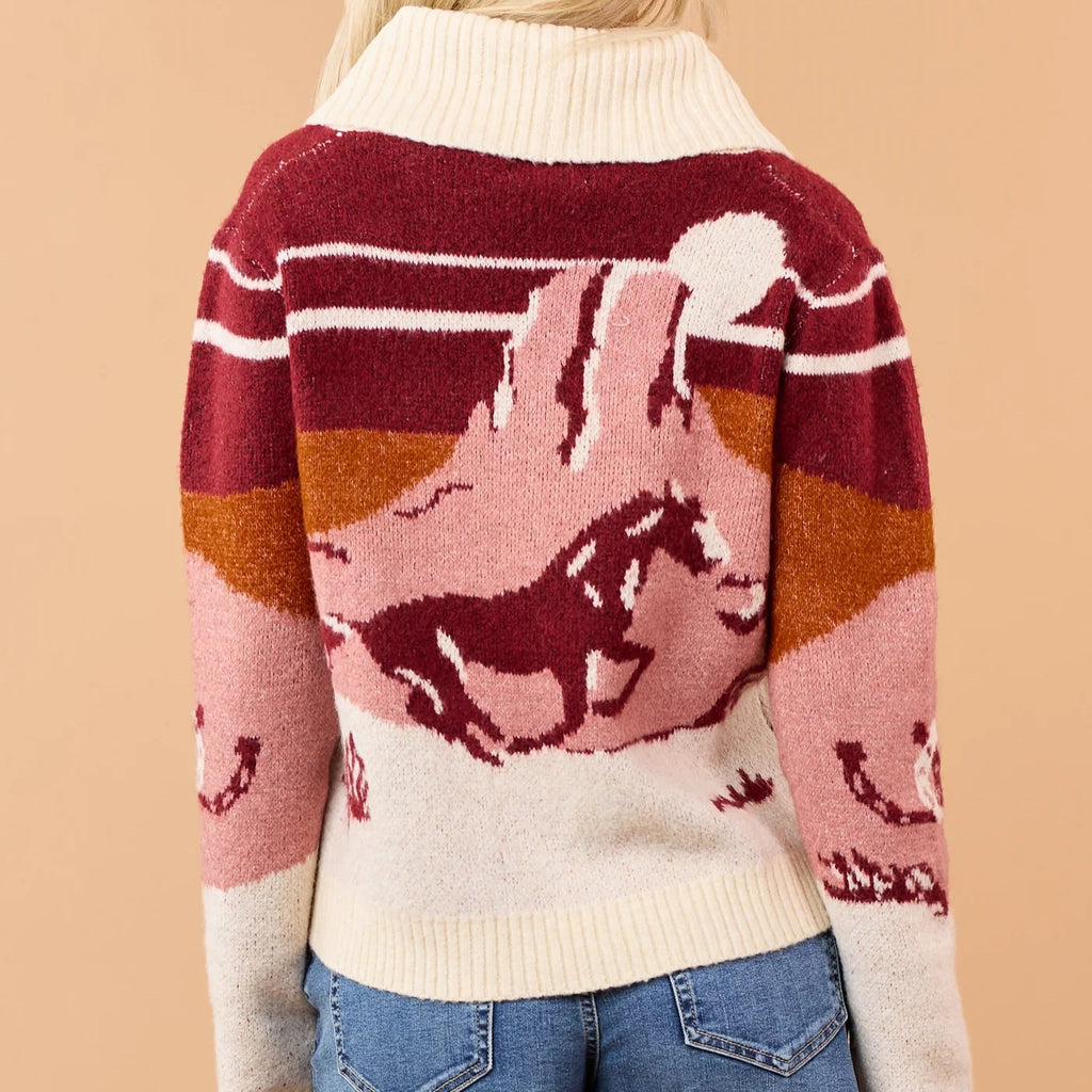 Burgundy Western Scenic Print Lapel Button Down Knit Cardigan