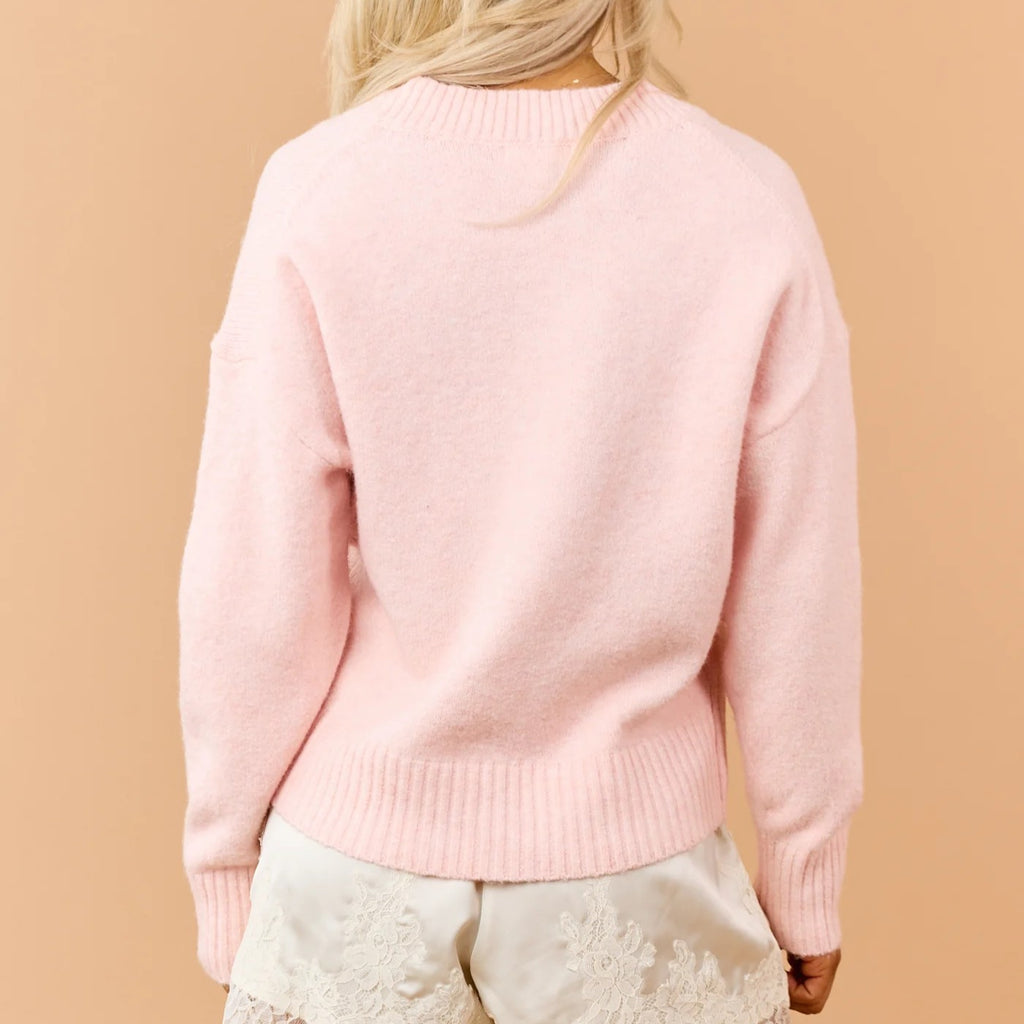 Carnation Pink V-Neck Drop Shoulder Soft Knit Sweater