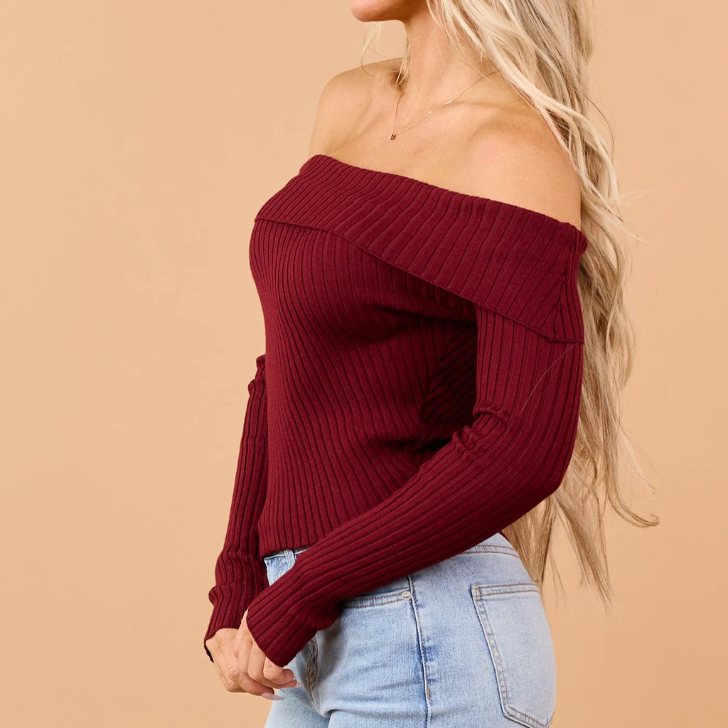 Burgundy Fold Over Off Shoulder Crop Ribbed Sweater