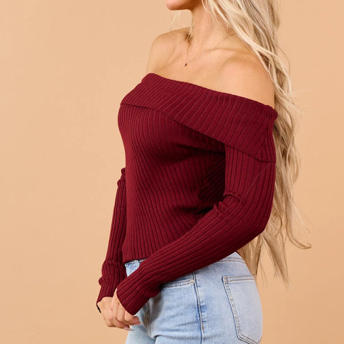 Burgundy Fold Over Off Shoulder Crop Ribbed Sweater
