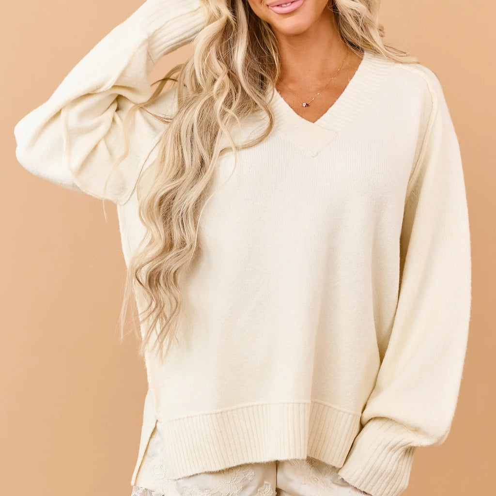 Cream V-Neck Ribbed Trim Relaxed Raglan Sleeve Sweater