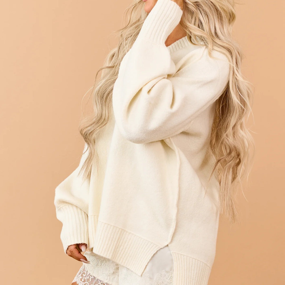 Cream V-Neck Ribbed Trim Relaxed Raglan Sleeve Sweater
