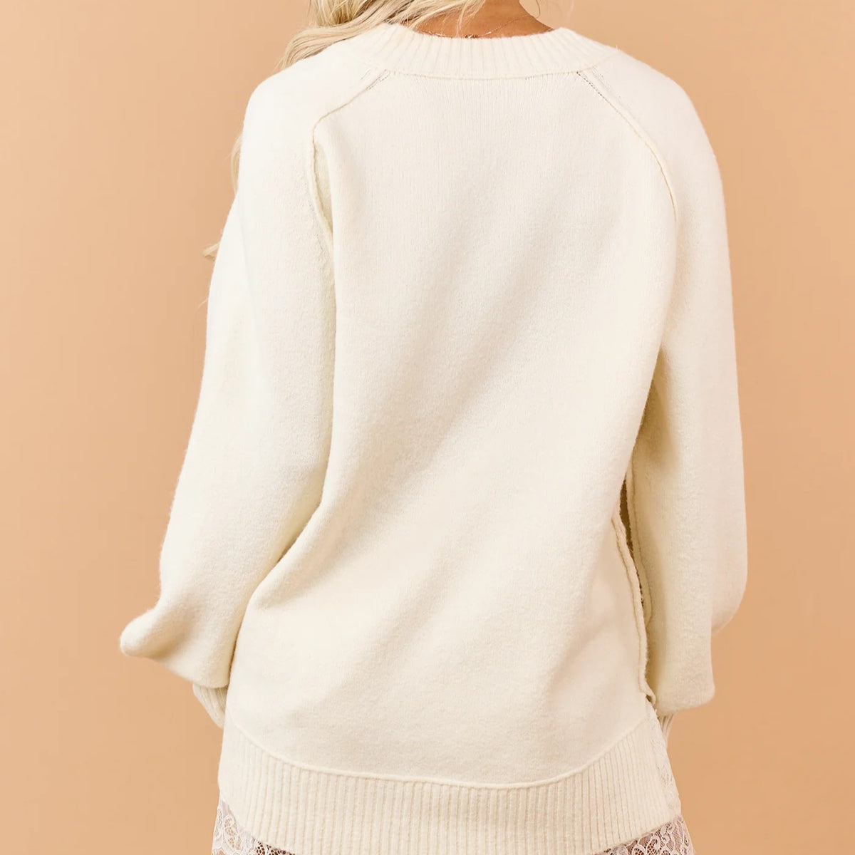 Cream V-Neck Ribbed Trim Relaxed Raglan Sleeve Sweater